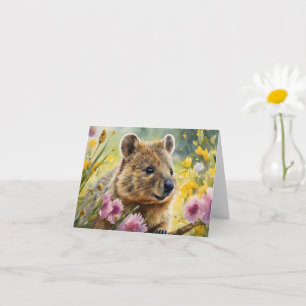 Söt Quokka Blommor Vattenfärg Illustration Tom Kort