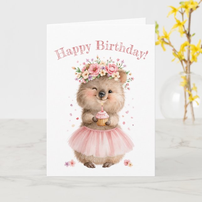 Söt Quokka Glad födelsedag Blommig hälsning Kort (Gul blomma)
