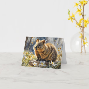 Söt Quokka Vit Blomma Akvarell Tom Greeting Kort