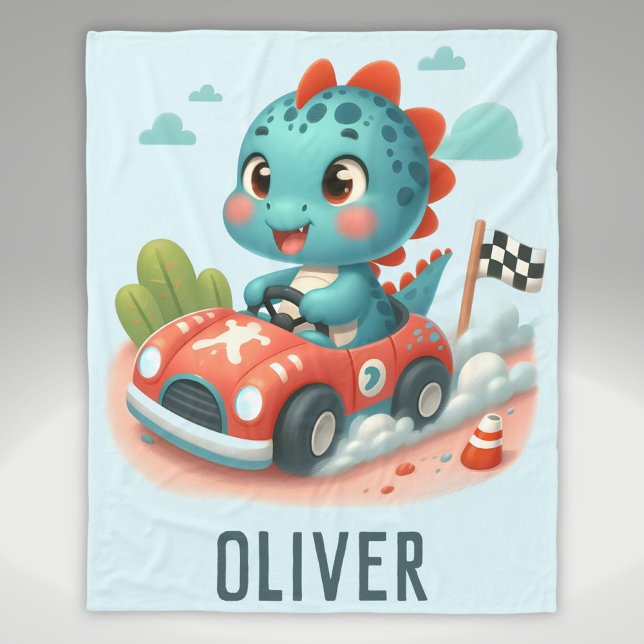 Söt Racer Dino Kör en Snabb Bil Fleecefilt (Skapare uppladdad)