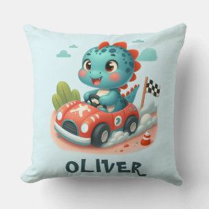 Söt racer Dino kör en snabb bil Kudde
