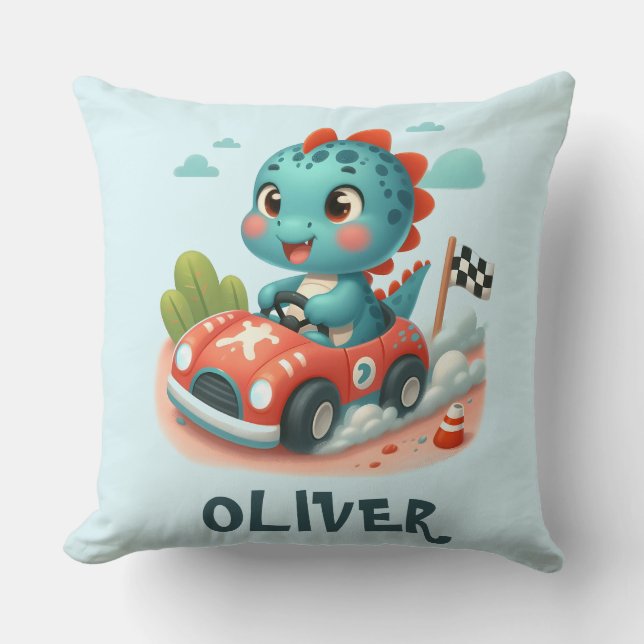 Söt racer Dino kör en snabb bil Kudde (Framsida)