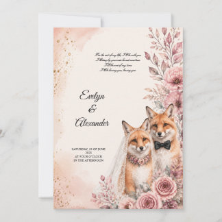 Söt Rädd Brud Och Brudgum Rosa Blommor Guld   Inbjudningar