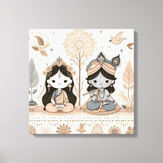 Söt Radhe Krishna Mandala Väggkonst | Andlig Canvastryck (Framsida)