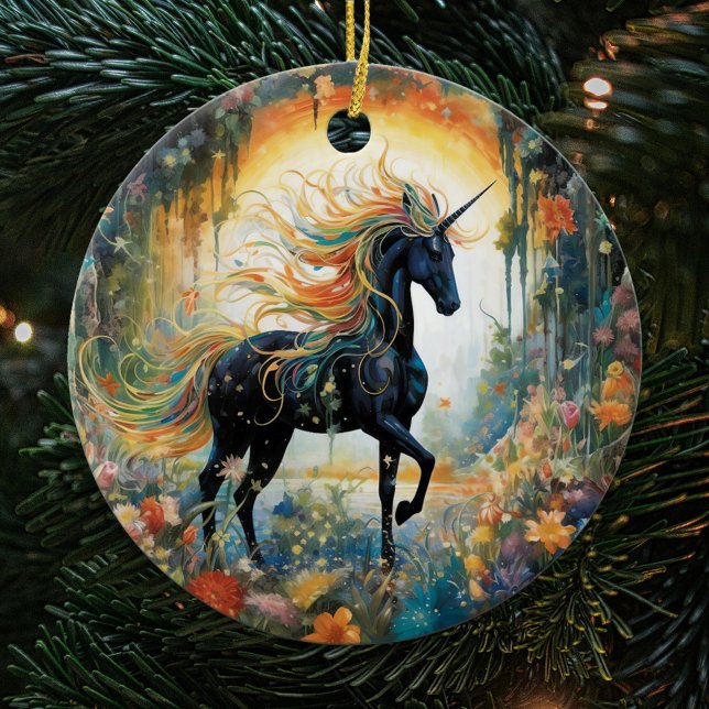 Söt Rainbow Black Unicorn Julgransprydnad Keramik (Skapare uppladdad)