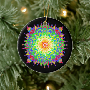 Söt Rainbow Färgad Mandala Abstrakt Art Cerami Julgransprydnad Keramik