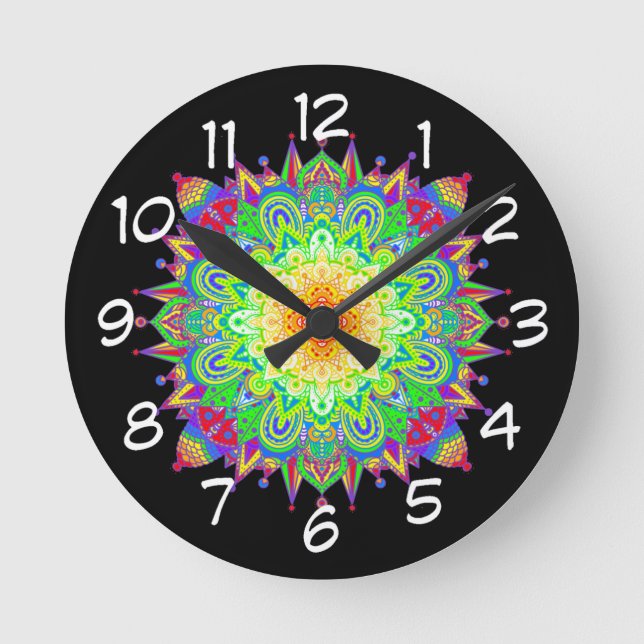Söt Rainbow Färgad Mandala Abstrakt Art Rund Klocka (Framsida)