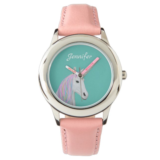 Söt Rainbow Unicorn Custom Name Barn Rosa Armbandsur (Framsida)