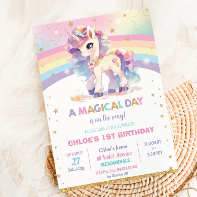 Söt Rainbow Unicorn Födelsedagsfest Girl Inbjudningar (Skapare uppladdad)