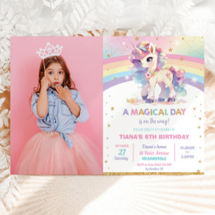 Söt Rainbow Unicorn Födelsedagsfest Girl Photo Inbjudningar