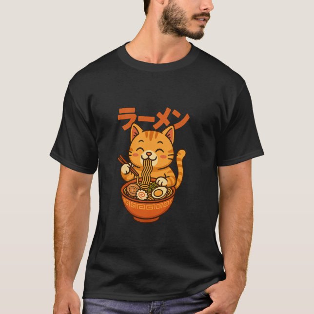 Söt Ramen Katt Japanska Nudlar T Shirt (Framsida)