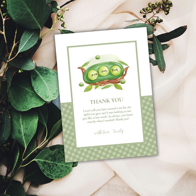 Söt randig grönska söt ärta i balja baby shower tack kort (Cute Gingham Greenery Sweet Pea In Pod Baby Shower Thank You Card)