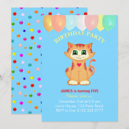 Söt randig katt, ballonger och konfetti födelsedag inbjudningar