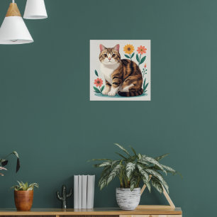 Söt randig katt Blommig folklig konstaffisch Whi Poster