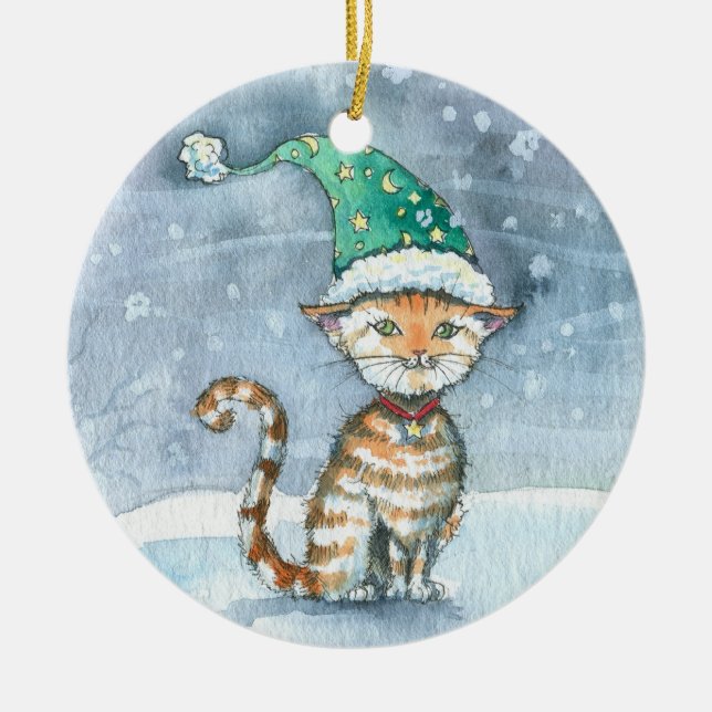 Söt randig katt i firhatt prydnadssmycke julgransprydnad keramik (Framsidan)
