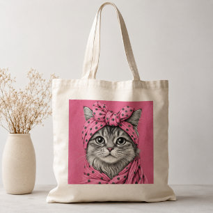 Söt randig katt i retro rosa prickig bandana tygkasse