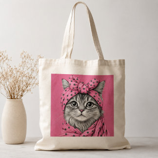 Söt randig katt i retro rosa prickig bandana tygkasse