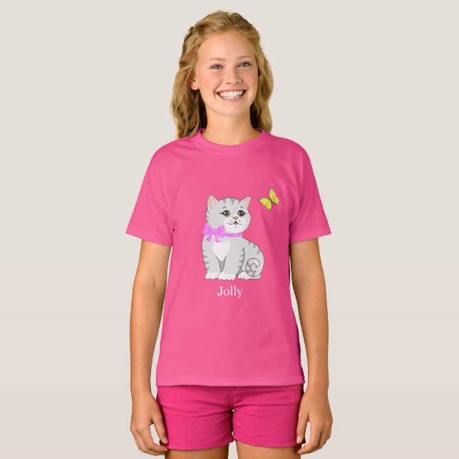 Söt randig katt & liten fågel t-shirt (Hel framsida)