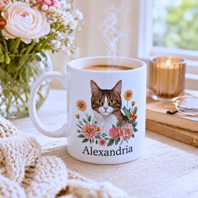Söt randig katt med blommor  kaffemugg (Skapare uppladdad)
