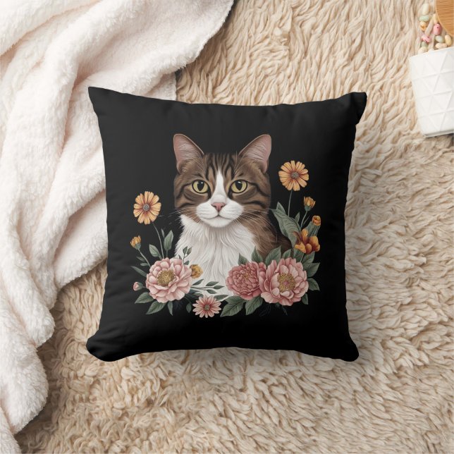 Söt randig katt med blommor  kudde (Filt)