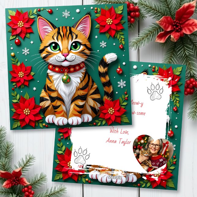 Söt randig katt med julstjärnor anpassad julkort (Skapare uppladdad)