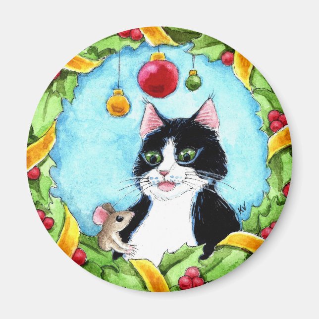 Söt randig katt, mus, julvintersnö magnet (Framsidan)