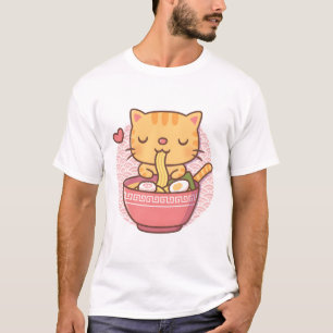 Söt randig katt som äter ramen nudlar vågor bakgru t shirt
