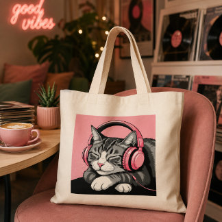 Söt randig katt som lyssnar på musik med hörlurar jumbo tygkasse