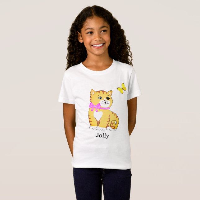 Söt randig kattunge & fjäril T-shirt (Hel framsida)