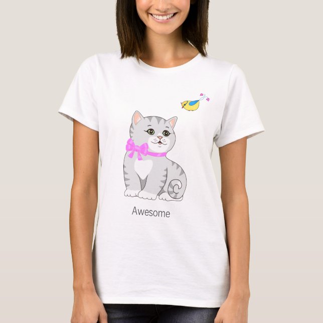 Söt randig kattunge & liten fågel t shirt (Framsida)