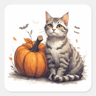 Söt randig kattunge med pumpa Halloween-skulptur � Fyrkantigt Klistermärke