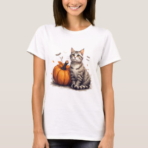 Söt randig kattunge med pumpa Halloween-skulptur � T Shirt