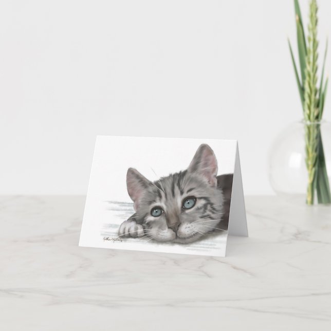 Söt randig kattunge vilar tecknad tack kort (Framsida)