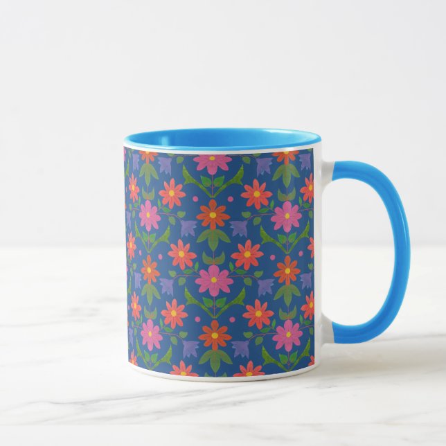 Söt Rangoli Flowers Polka Dot Blue Ringer Mugg (Höger)