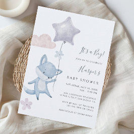 Söt räv flygande ballong Blå pojke baby shower  Inbjudningar