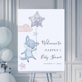 Söt räv flygande ballong pojke baby shower välkoms poster