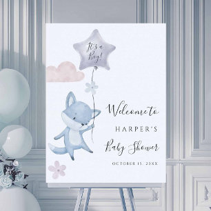 Söt räv flygande ballong pojke baby shower välkoms poster