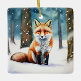 Söt räv i snötäckt skog julgransprydnad keramik