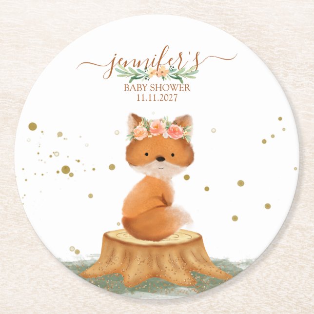 Söt räv med blomkrona baby shower underlägg papper rund (Framsidan)