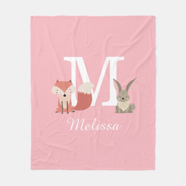 Söt räv och kanin Skogslevande djur Monogram Rosa Fleecefilt (Framsidan)