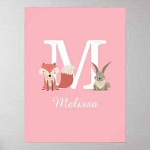 Söt räv och kanin Skogslevande djur Monogram Rosa Poster