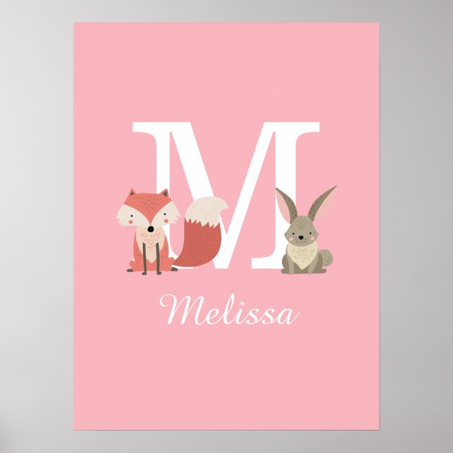 Söt räv och kanin Skogslevande djur Monogram Rosa Poster (Framsidan)