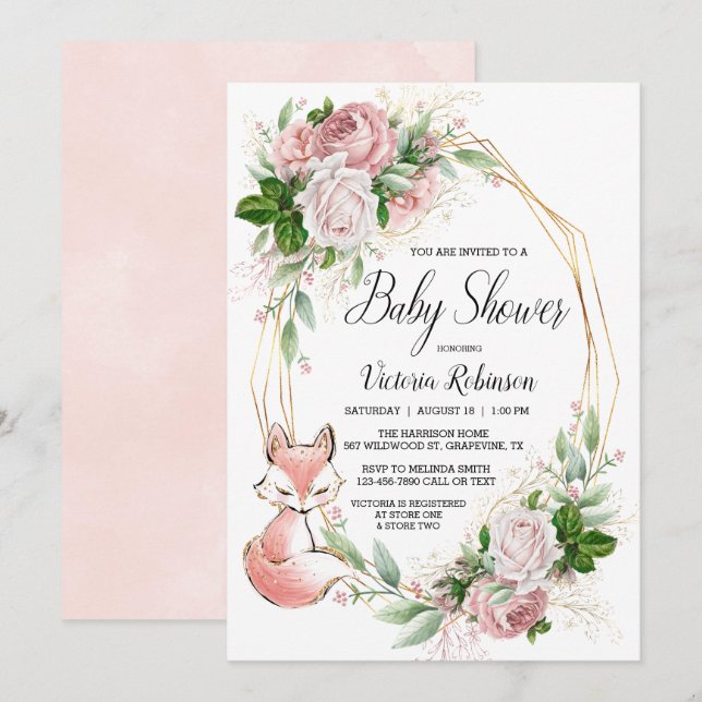 Söt Räv Rosa Akvarell Grönska Bebis Shower Inbjudningar (Fram/baksida)