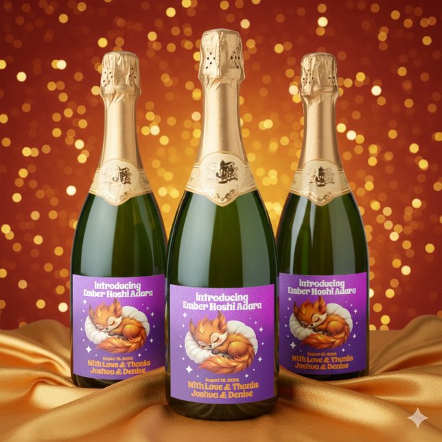 Söt räv som sover i löv Baby Shower (Cute Fox Cub Sleeping in Starry Sky Baby Shower Sparkling Wine Labels Cover Photo)