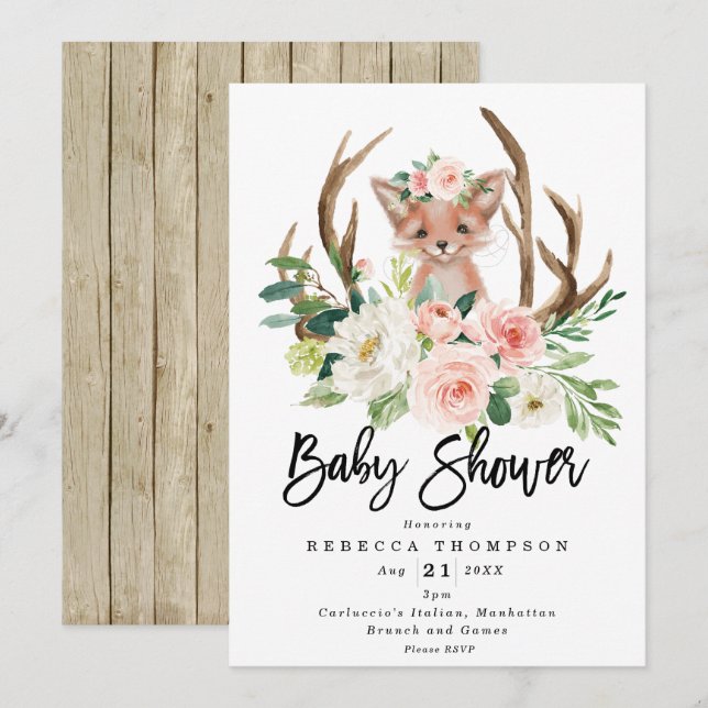 Söt rävboho blommigt modern babydusch inbjudningar (Fram/baksida)