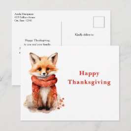 Söt Rävläv i en Röd Halsduk Thanksgiving Helg Vykort