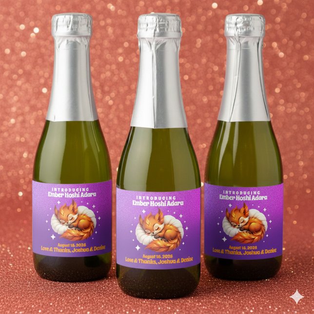 Söt Rävlilja Sover i Stjärnhimmel Baby Shower (Cute Fox Cub Sleeping in Starry Sky Baby Sparkling Wine Labels Cover Photo)