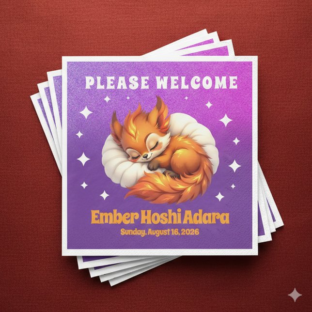 Söt Rävlilja Sover i Stjärnrik Natt Himmel Pappersservett (Cute Fox Cub Asleep in Starry Night Sky Paper Napkins Cover Photo)