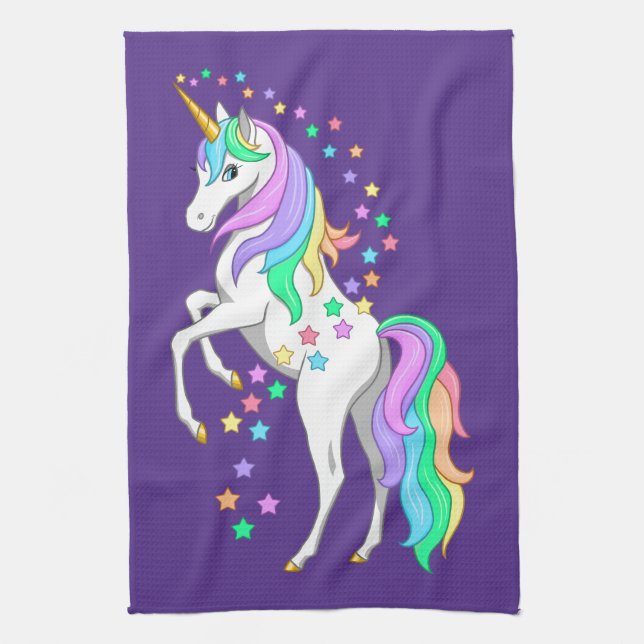 Söt Rearing Rainbow Unicorn Falling Stars Kökshandduk (Vertikal)