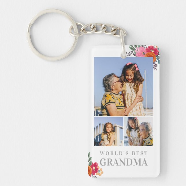 Söt Red Blommigt Grandma 3 Photo Collage Keychain Nyckelring (Framsidan)